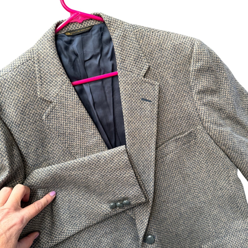 Hart Schaffner & Marx Blazer Mens 42R Tan Blue Wool Houndstooth Sport Coat 1980